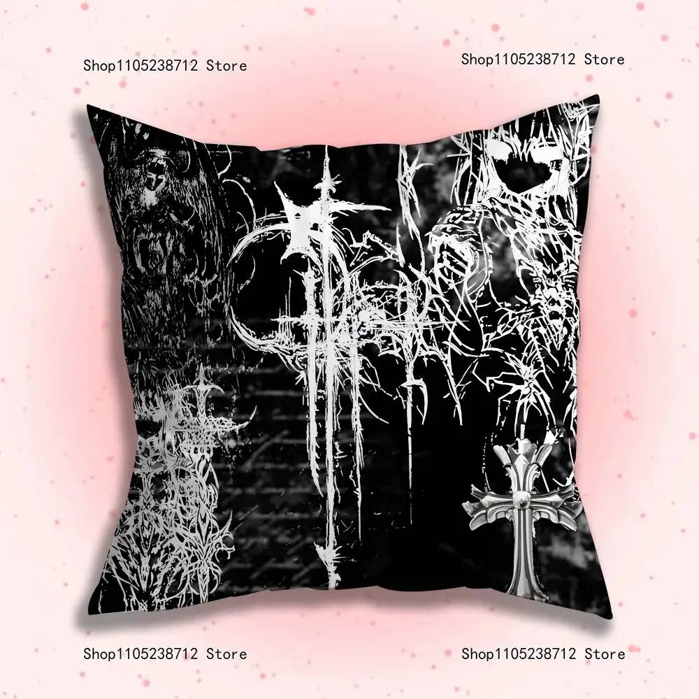 Black and white gothic cyber sigil throw pillow cover featuring intricate skeletal designs and sharp lines