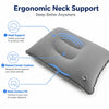 Gray ergonomic neck support pillow showing features like head support, raised center cushion, and neck contour fit
