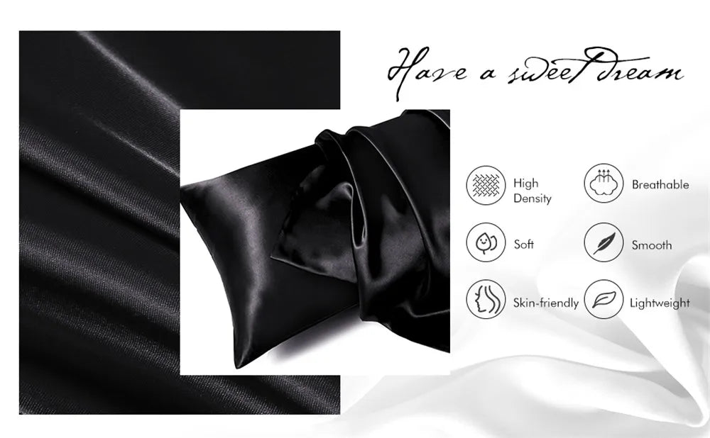 Black silky satin pillow covers shown folded with features like high density, breathability, softness, smoothness, skin-frien
