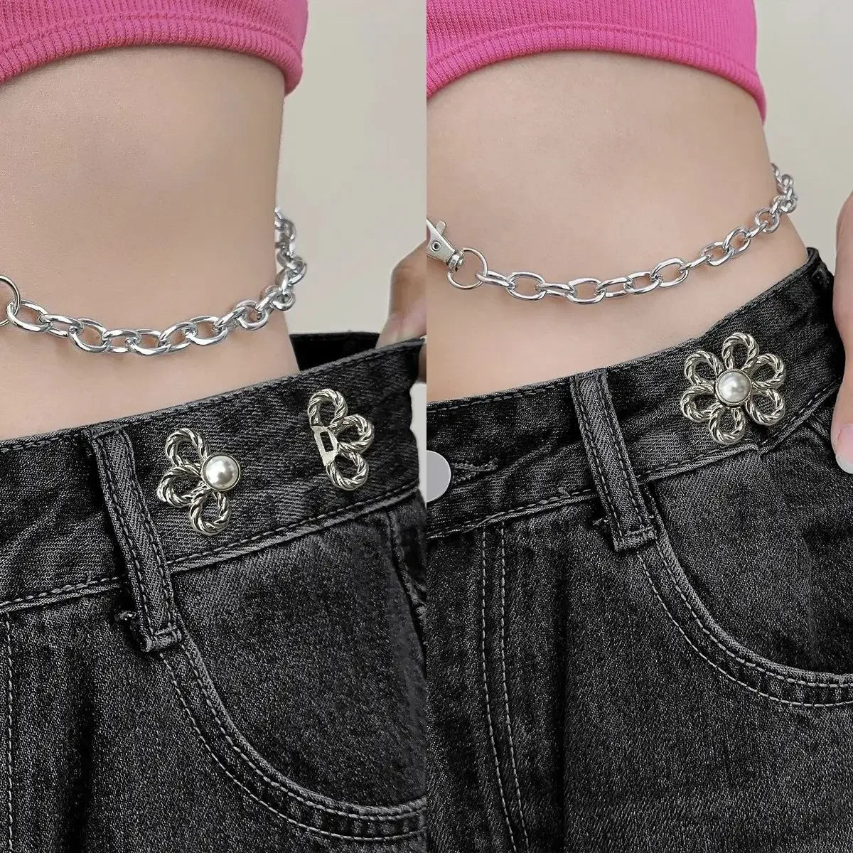 A close-up of a person wearing black jeans with silver metal waist clips and a silver chain necklace.