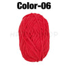 A ball of bright red chenille yarn labeled Color-06 for crafting.