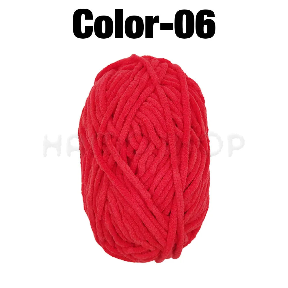 A ball of bright red chenille yarn labeled Color-06 for crafting.
