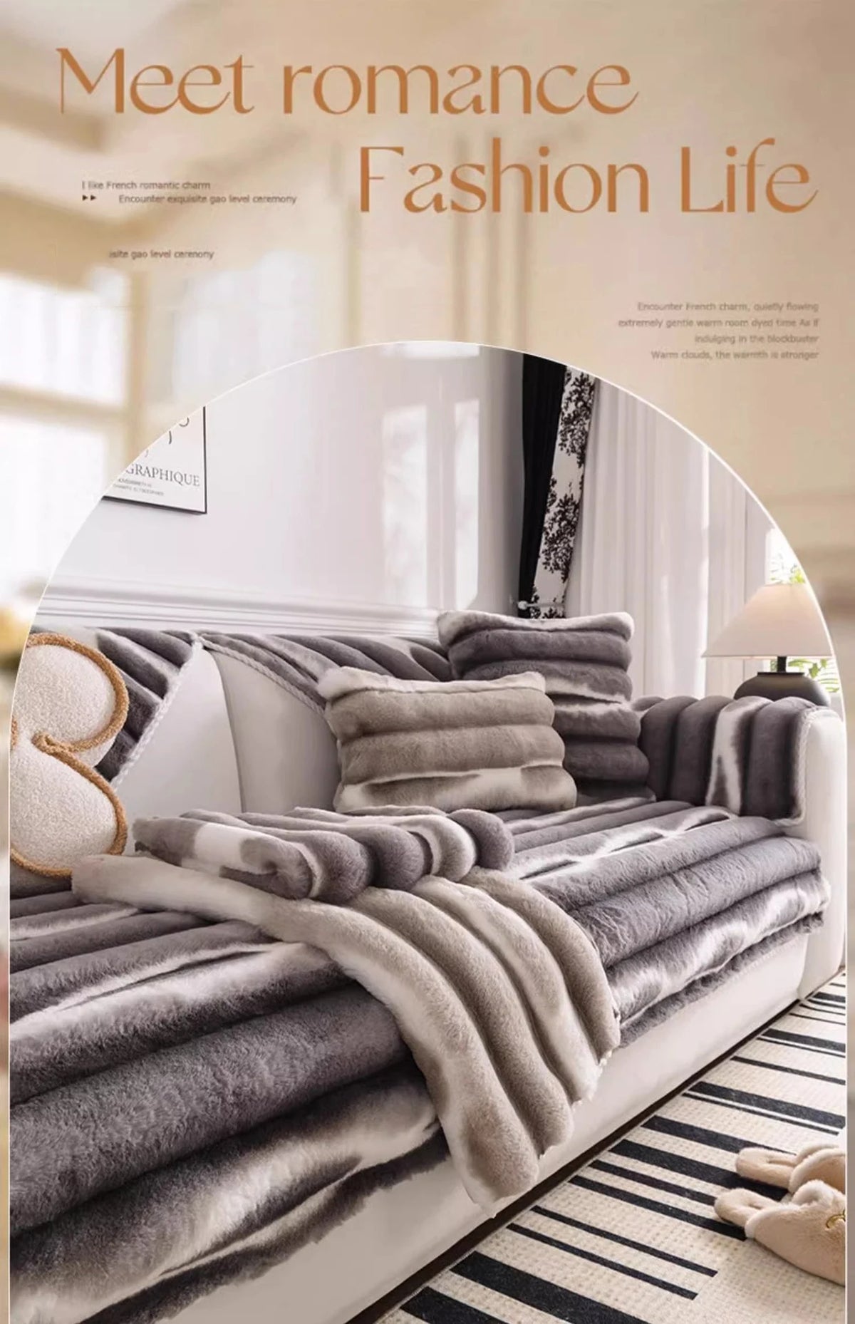 A plush velvet sofa protector cover in gray and beige textures is displayed on a white bed frame.