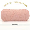 A skein of thick, pinkish-beige polyester blended yarn is shown rolled up for crafting.