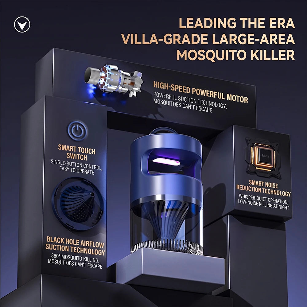 A black mosquito killer lamp trap with a smart touch switch and high-speed motor is displayed in a box.