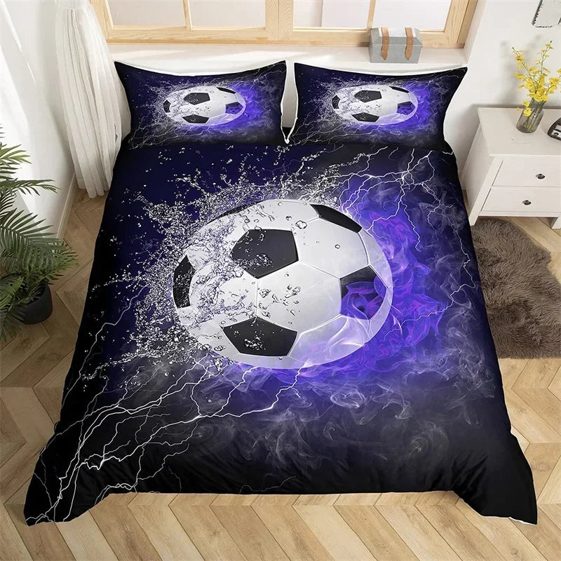 A dark blue football duvet cover set featuring a glowing white soccer ball with purple lightning effects.