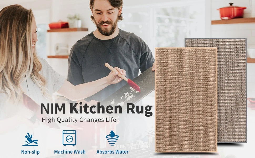 A woman and a man are shown in a kitchen setting, with a rug being made. The product is a non-slip faux sisal kitchen rug.