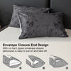 Three gray floral print pillowcases shown with close-up diagrams illustrating the envelope closure end design
