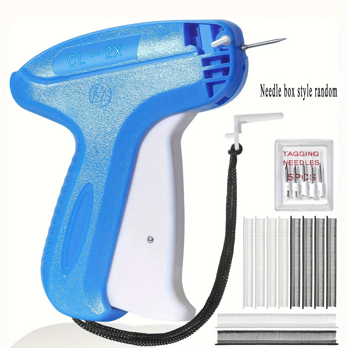 A blue Stitch Gun clothing repair tool with a needle box and various types of sewing needles.