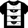 A black t-shirt displaying a visual alignment ruler set with I, Adult, Youth, Center, Toddler, Infant, and U markings.