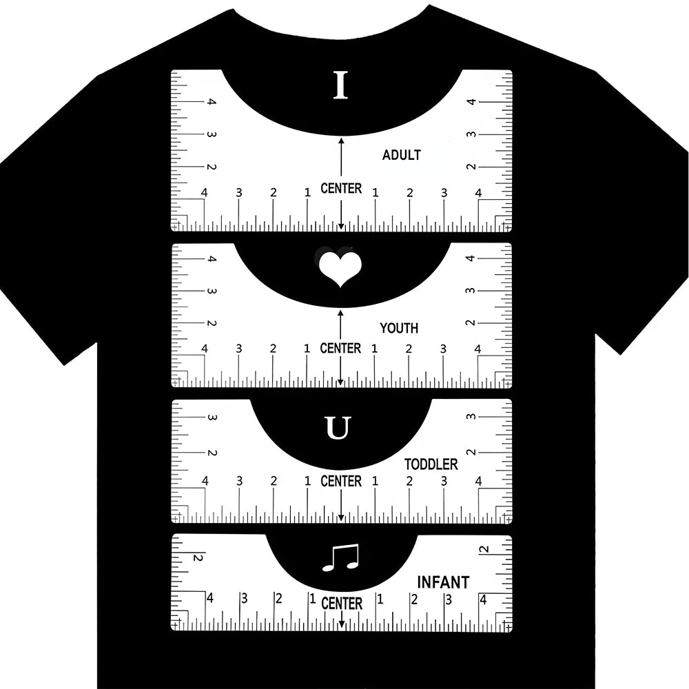 A black t-shirt displaying a visual alignment ruler set with I, Adult, Youth, Center, Toddler, Infant, and U markings.