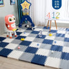 A soft interlocking foam play mat featuring a blue and white checkered pattern with colorful balls and a star-shaped toy.