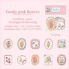 A collection of gentle pink synthetic paper flowers and botanical illustrations for crafting