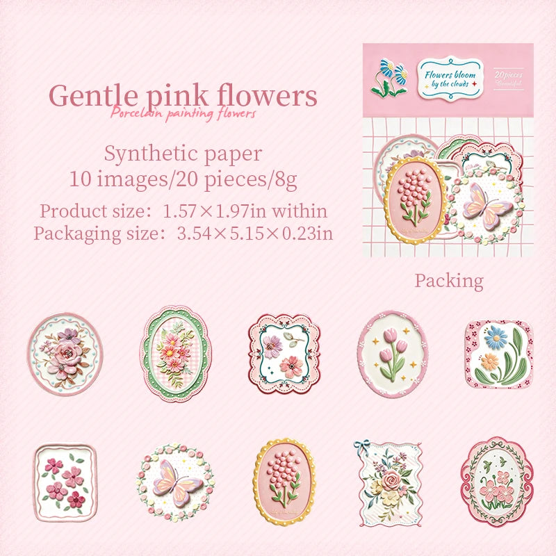 A collection of gentle pink synthetic paper flowers and botanical illustrations for crafting