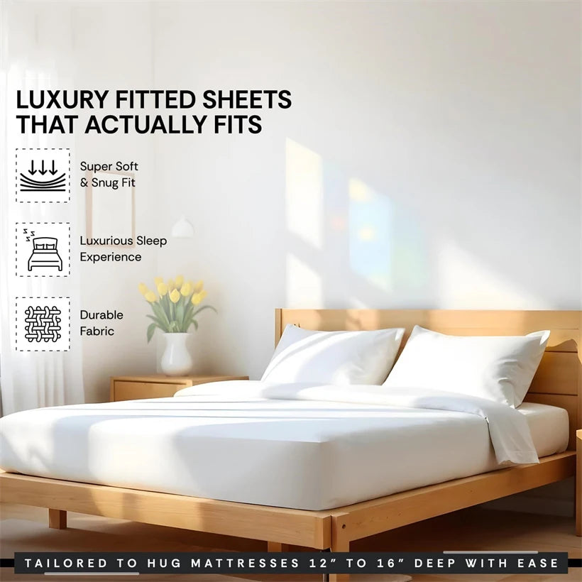 White fitted sheets and pillows on a wooden bed frame with natural light.