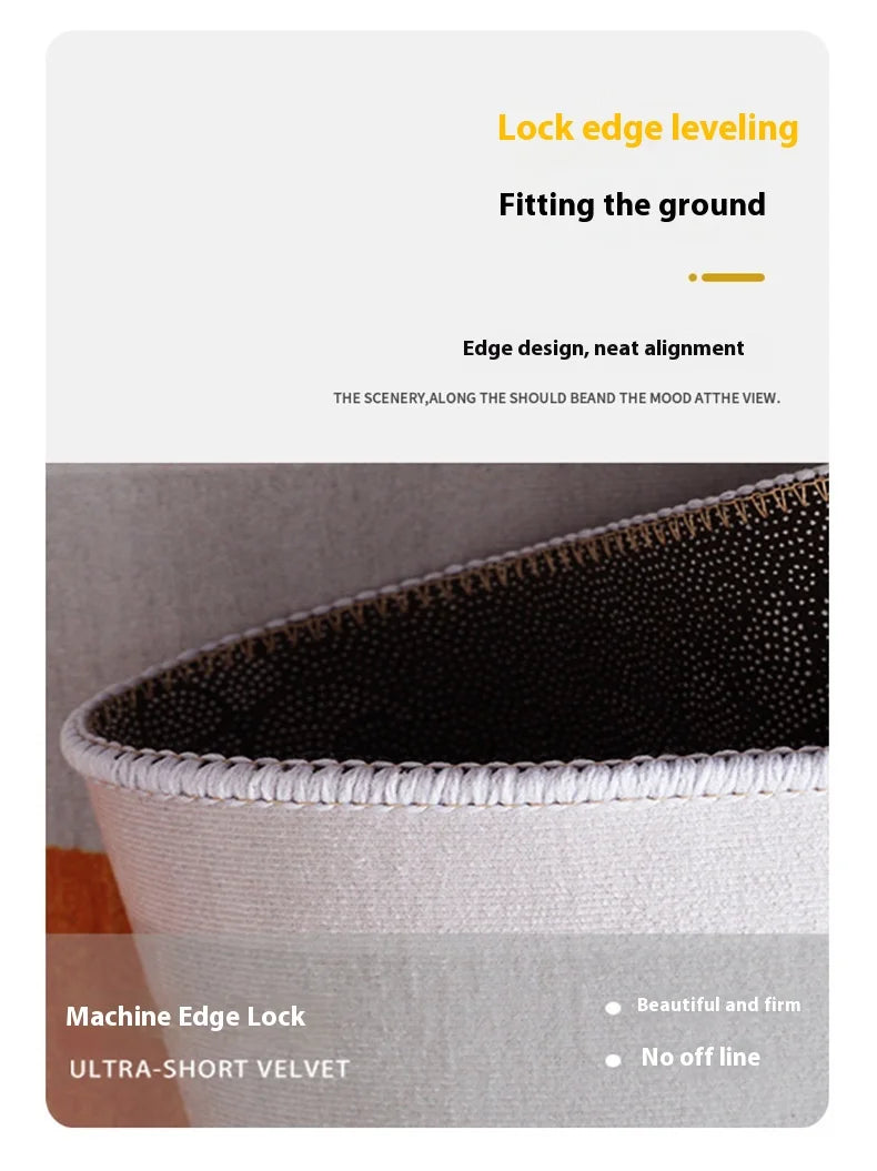 Close-up of a beige velvet edge showing neat alignment and a machine edge lock for an area rug.