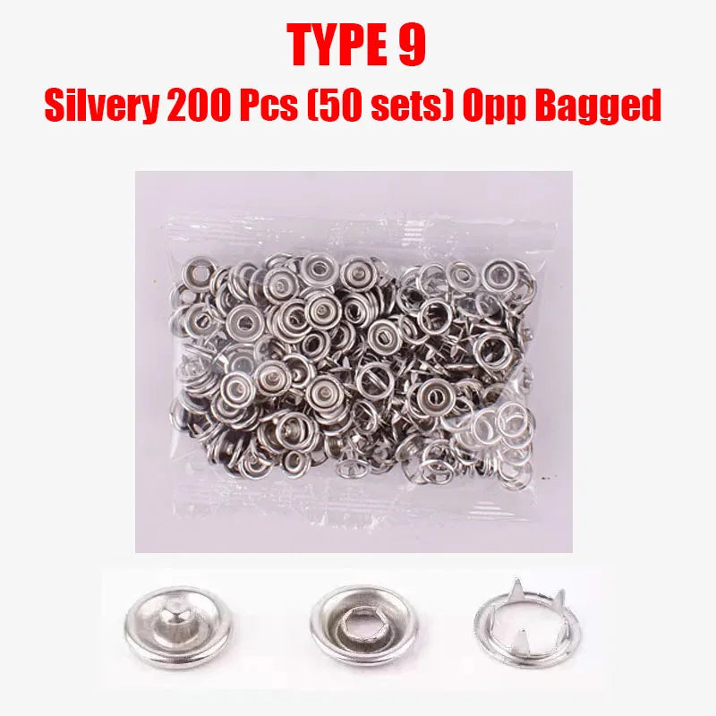 A package of silver 200 metal prong snap button fasteners, including individual examples.
