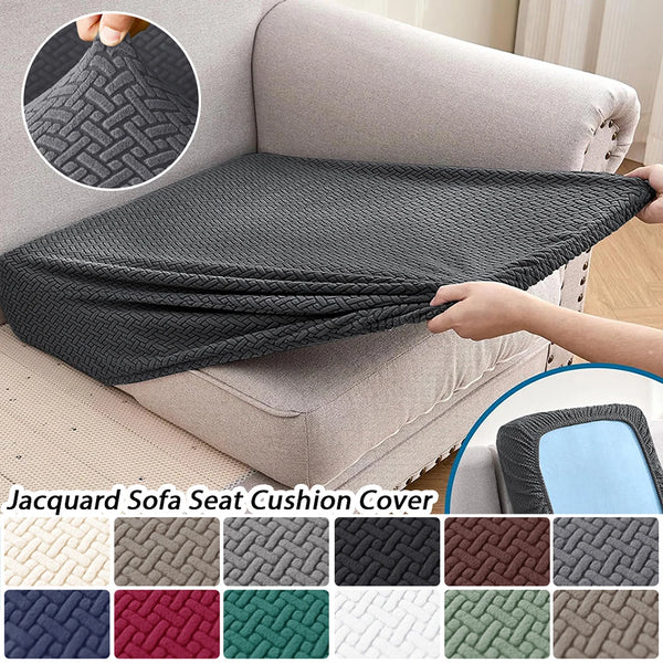 Various patterned jacquard sofa seat cushion covers shown in different colors and textures.