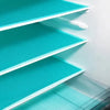 A set of four teal mesh shelf liners with white trim are displayed inside a refrigerator or freezer.