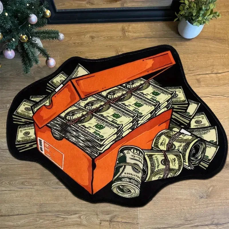 A black rug featuring a design of stacked US dollar bills spilling out of an orange box.