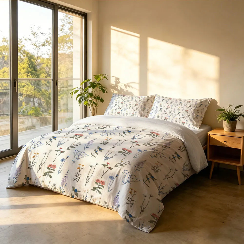 A bed with a hand-painted floral duvet cover set lying on it in a bright room next to large windows.
