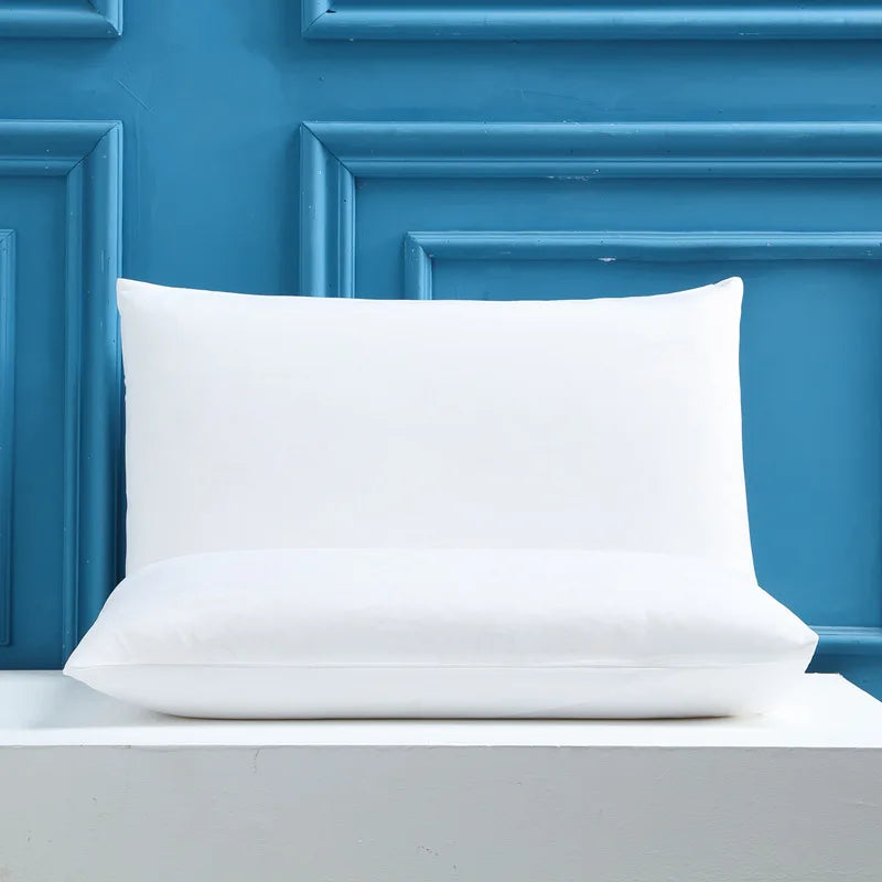 A white pillow resting on a light gray surface against a blue paneled background.
