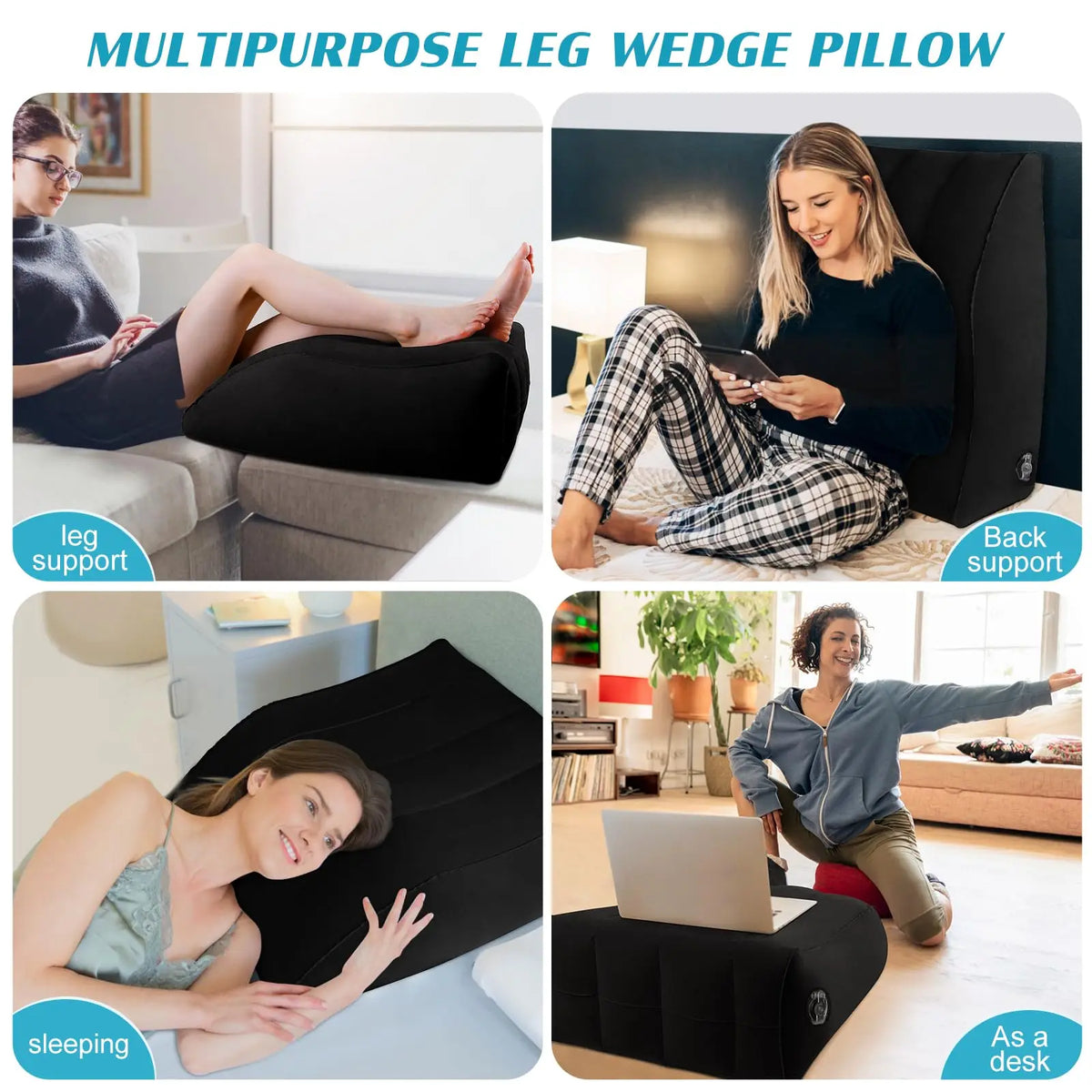 Multipurpose leg wedge pillow shown in various uses including leg support, sleeping, and as a desk cushion.