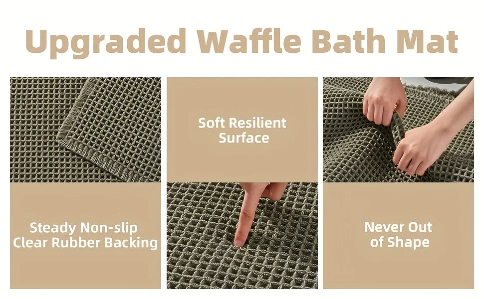 Close-up view of an upgraded waffle bath mat showing its soft resilient surface, clear rubber backing, and flexible texture.