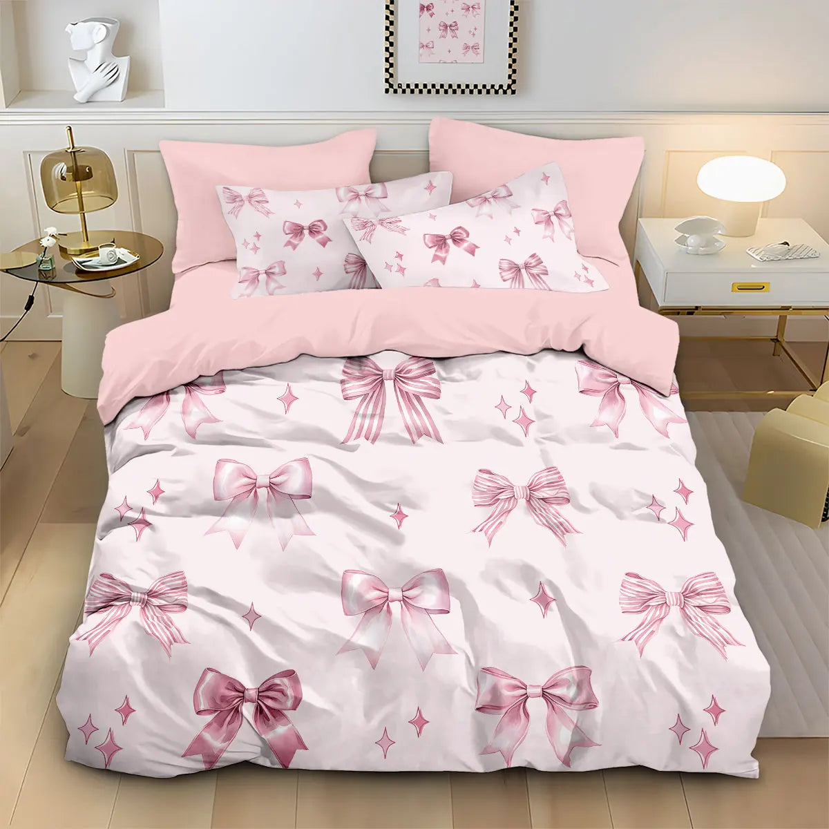 Pink bow printed duvet cover set featuring a light pink background and delicate floral accents.