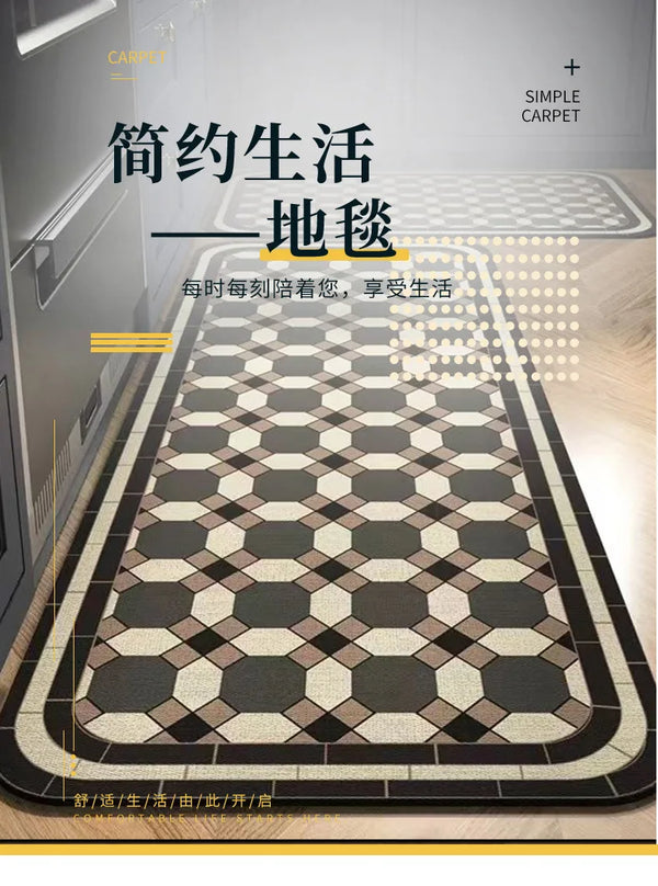 A patterned floor mat featuring geometric designs in shades of gray and beige, used for kitchen or entrance areas.