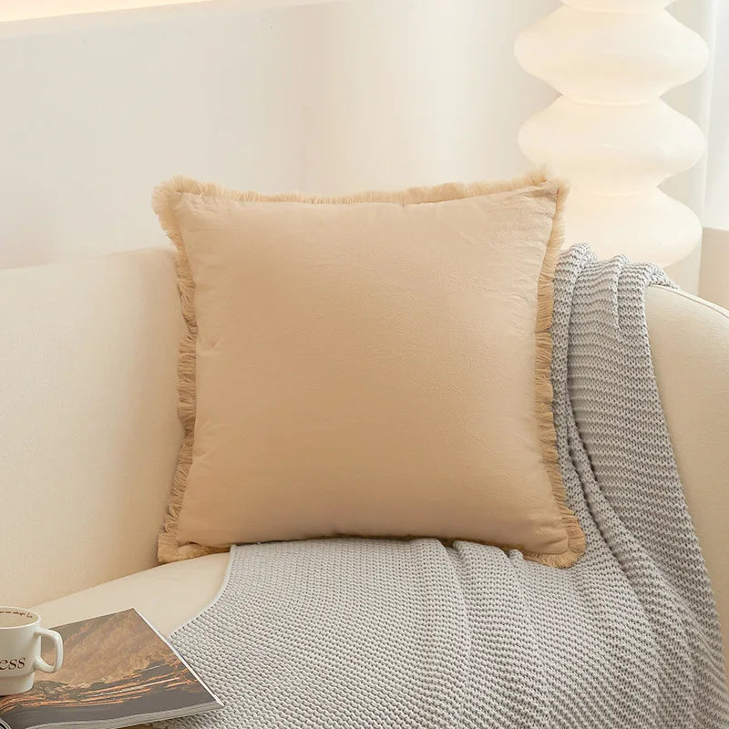 Washed Cotton Solid Cushion Cover with Tassel Fringe