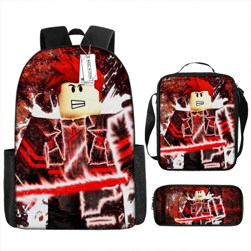 A black backpack featuring a red and white retro cartoon design with a character face.