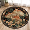 A round carpet featuring a detailed, dark floral and mushroom pattern in earthy tones.