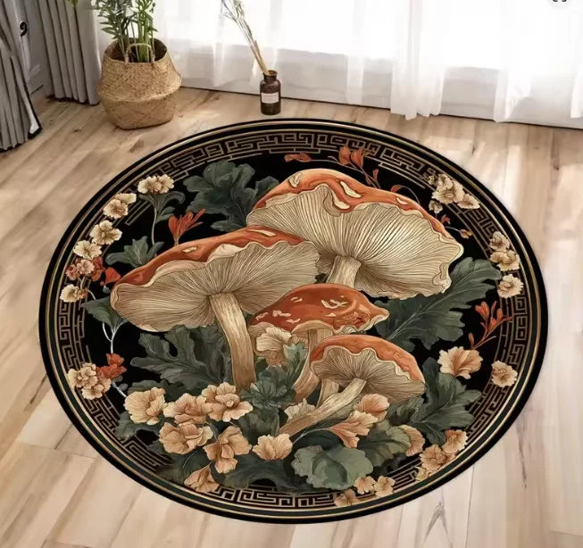 A round carpet featuring a detailed, dark floral and mushroom pattern in earthy tones.
