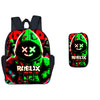 A black backpack featuring a green Roblox theme with a glowing face design and a matching pen case.