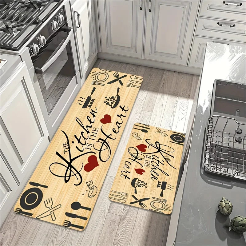 A wooden kitchen mat featuring a heart design and illustrations of cutlery.