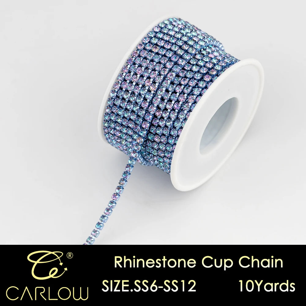 A roll of multi-color glass rhinestone cup chain jewelry, labeled as SIZE.SS6-SS12 and 10 yards.