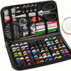 A black mini sewing kit collection featuring various hand tools and needles in an open case.