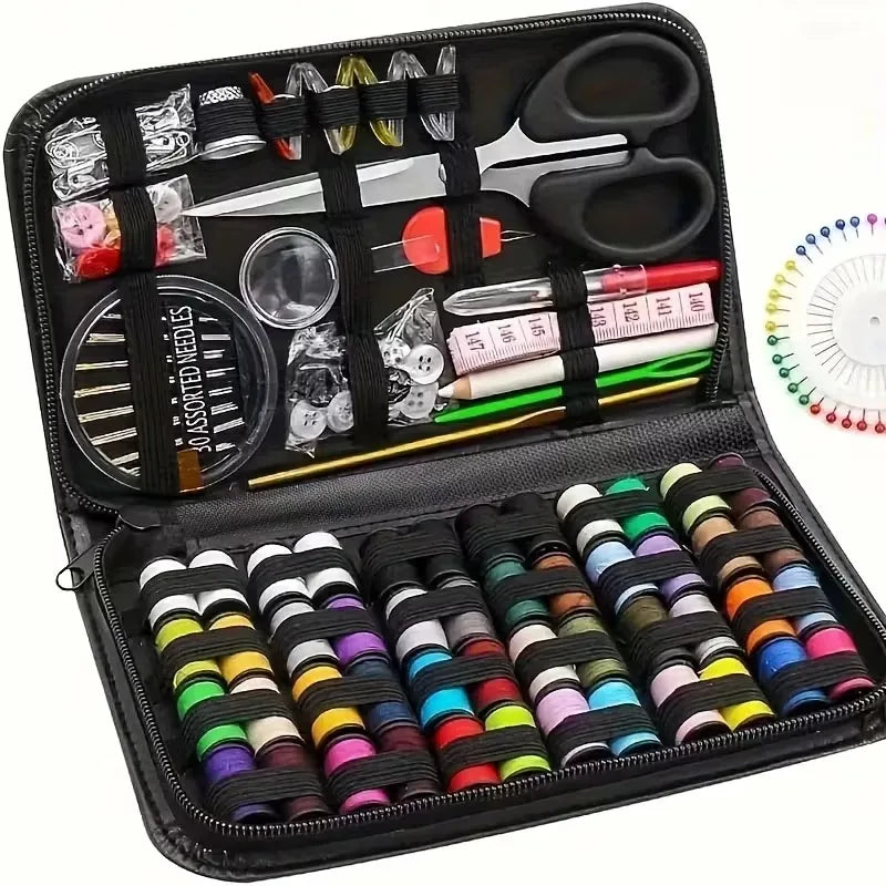 A black mini sewing kit collection featuring various hand tools and needles in an open case.