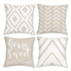 Four decorative pillow covers featuring geometric patterns in beige and white tones