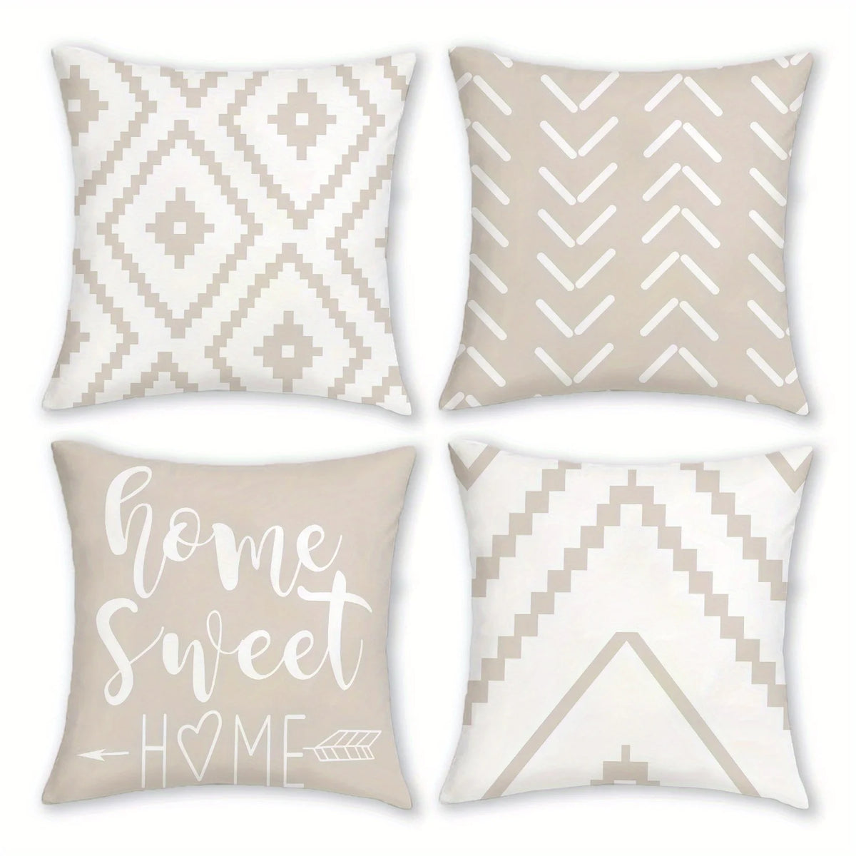 Four decorative pillow covers featuring geometric patterns in beige and white tones