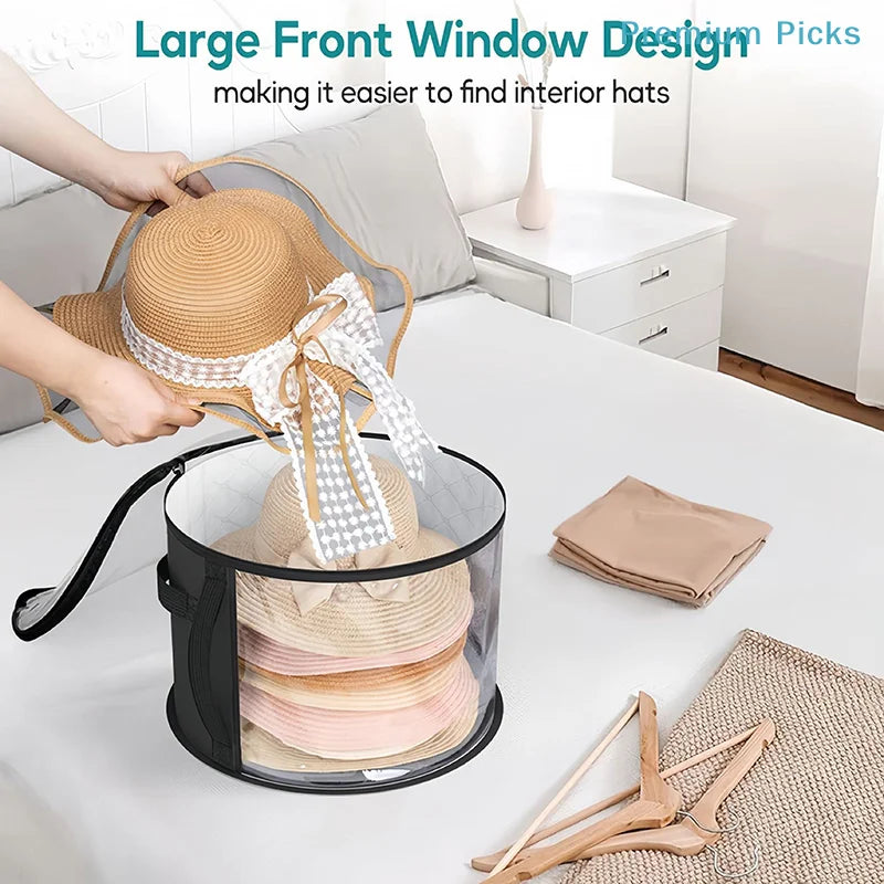 A clear plastic organizer with a front window holds and displays various straw hats and other headwear.