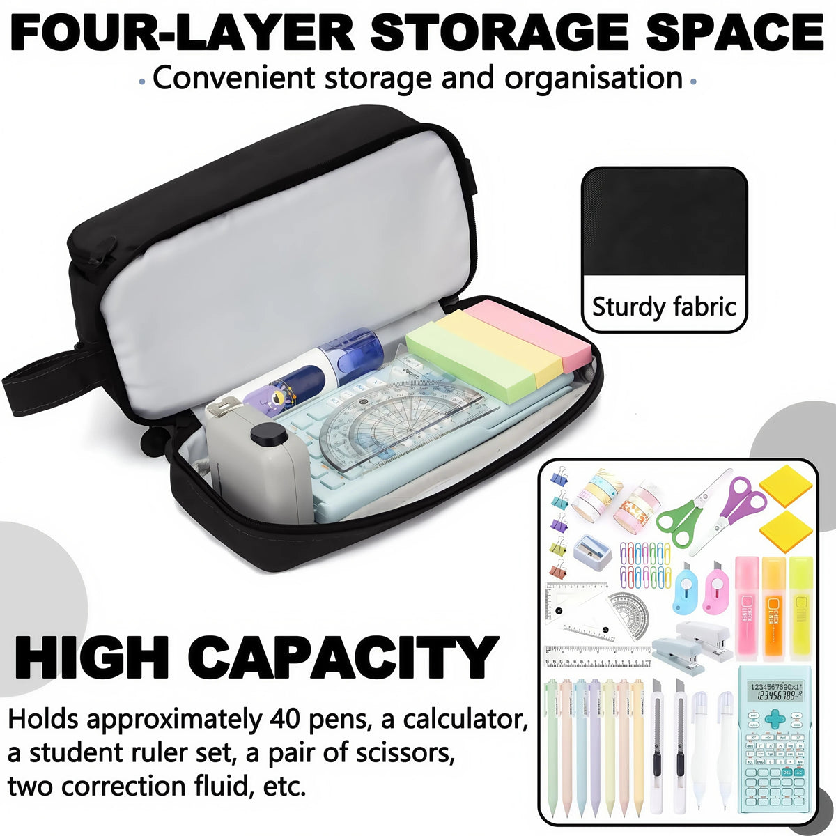 A black four-layer storage space pencil pouch holding pens, a calculator, rulers, and scissors.