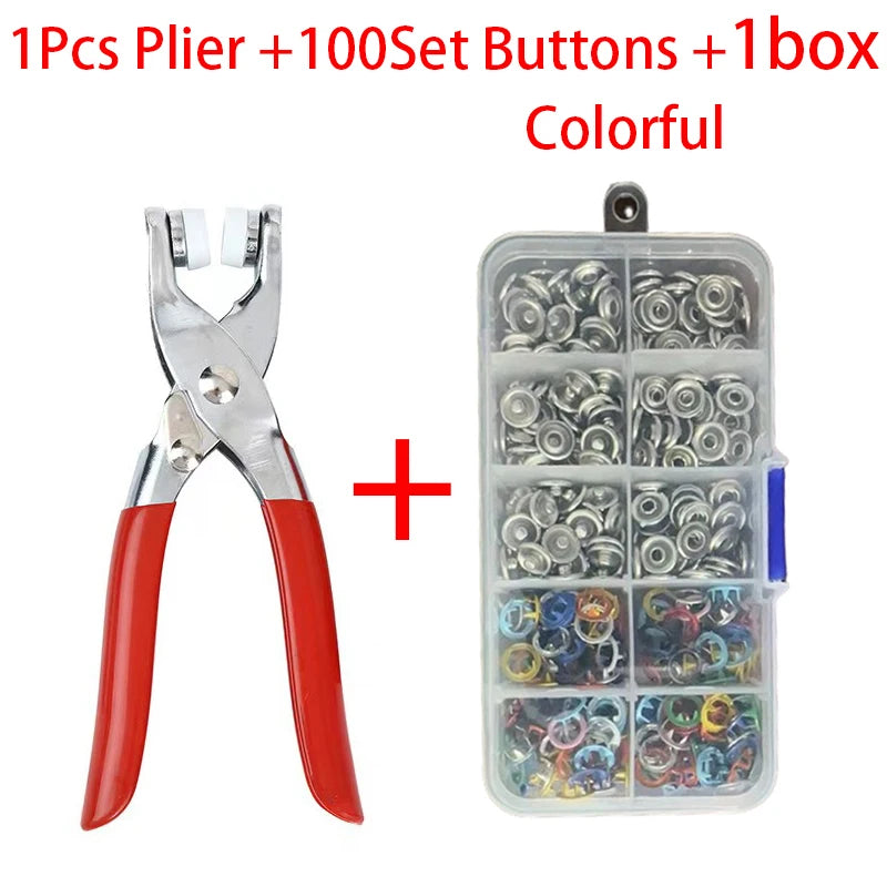 A set of metal pliers, 100 sewing buttons, and a box for colorful buttons.