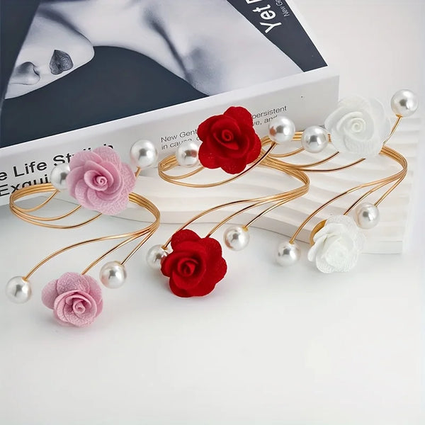 Gold rose pattern curtain ties featuring red and pink fabric flowers and pearl metal buckles