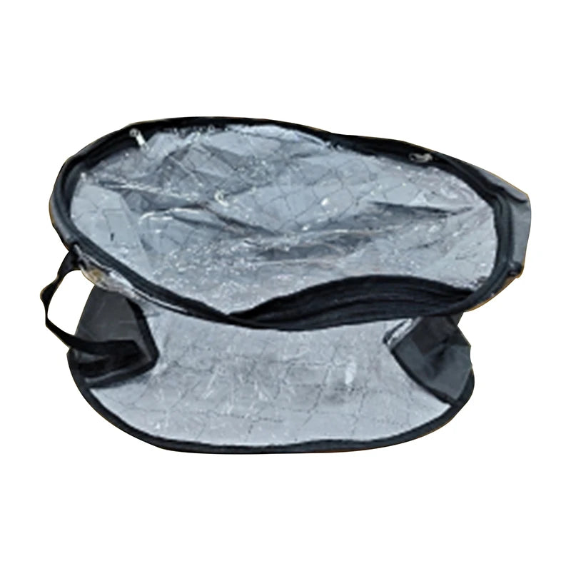 Collapsible hat storage organizer with a clear front window, showing a black fabric lining and a transparent surface.