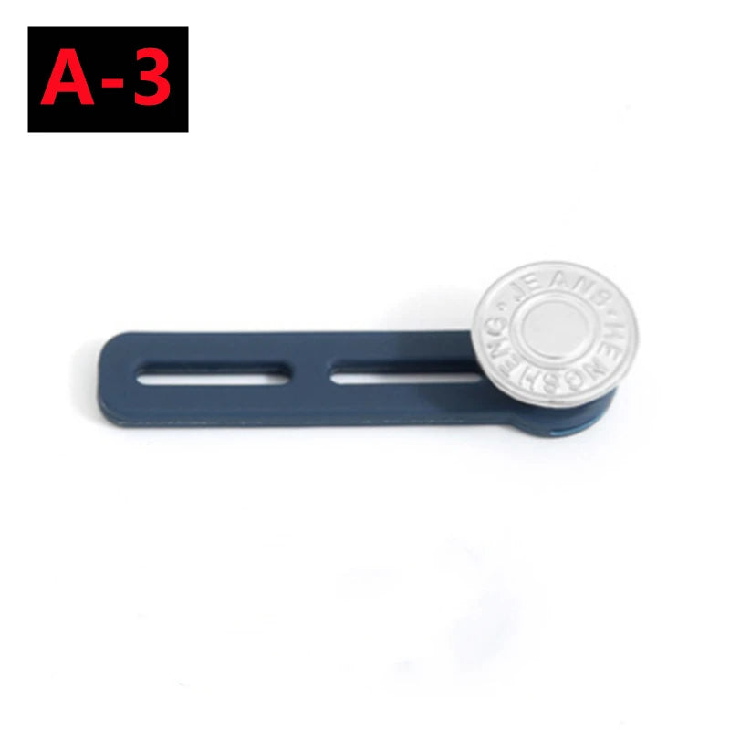 A metal button extender for pants and jeans with a silver button visible.
