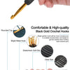 A set of ergonomic gold crochet hooks with various sizes and a rubber handle shown next to yarn.