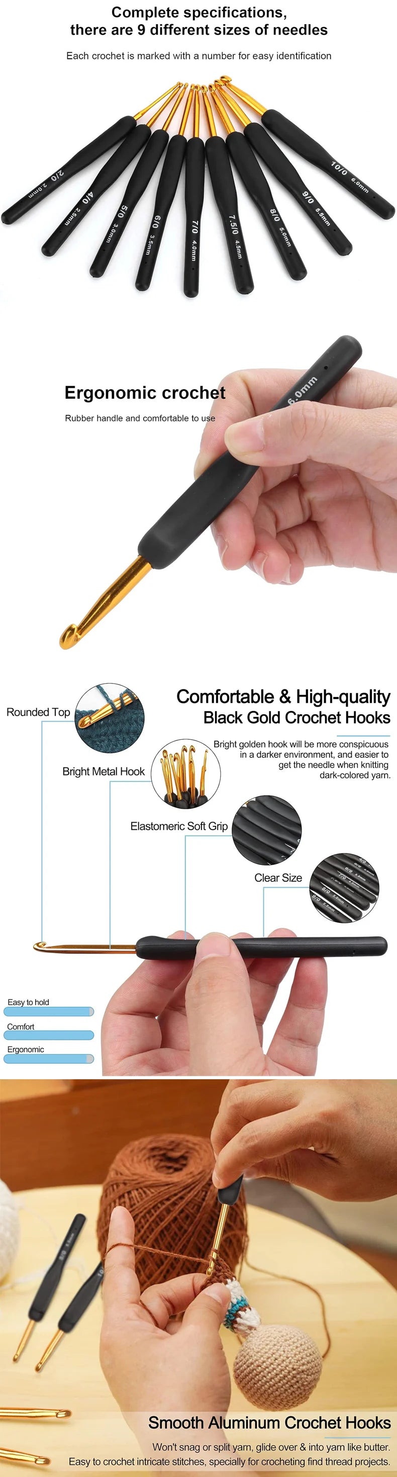 A set of ergonomic gold crochet hooks with various sizes and a rubber handle shown next to yarn.