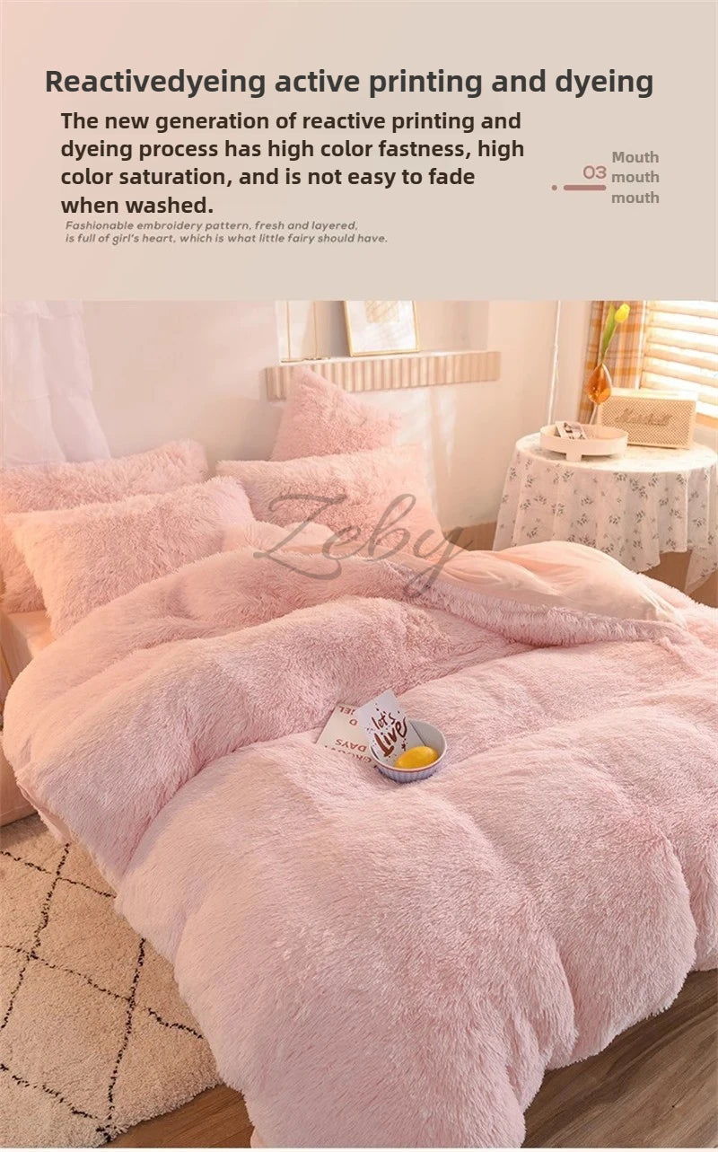 A pink plush mink velvet duvet set is displayed on a bed, featuring a fluffy texture.